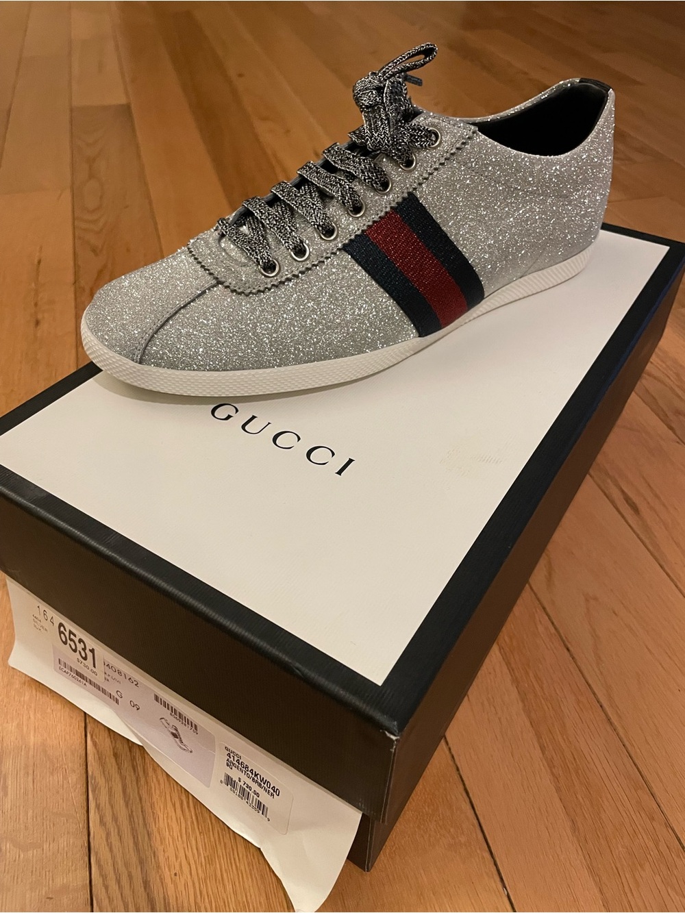 Gucci Silver Glitter Low-Top Sneaker with Red & Navy Web Stripe